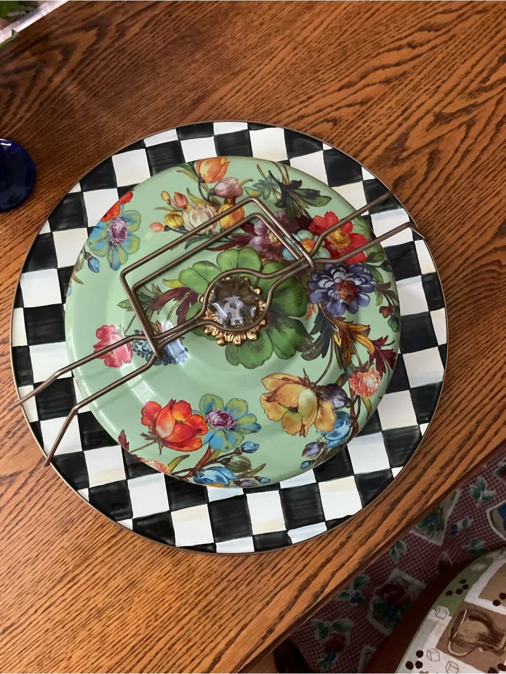 MacKenzie-Childs Floral Mint Cake Dome with Checker Plate